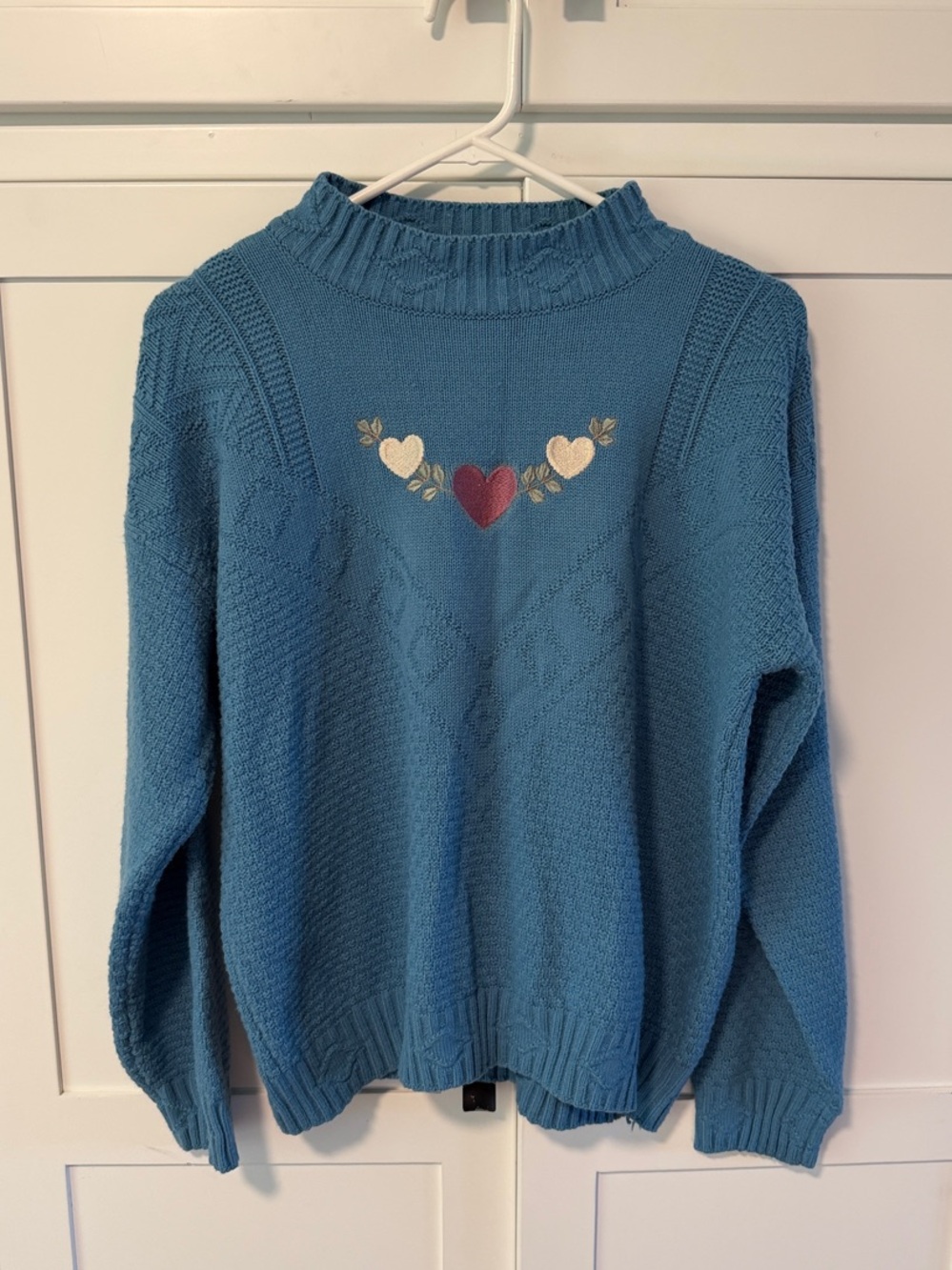 Vintage Blue Cowl Neck Sweater with Heart Embroidery